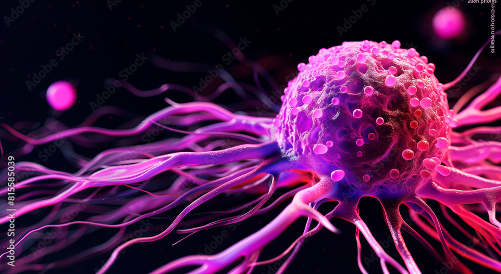 Obraz premium Microscopic view of a cancer cell with dynamic pink tentacles, medical illustration concept.