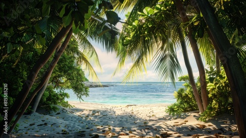 Exotic summer beach with palm trees, sea and sand. Secluded Serenity: Nestled between lush foliage and swaying palm trees, a hidden beach offers a quiet retreat from the outside world.