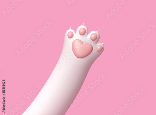 White cat paw with heart isolated on pink background. Clipping path included