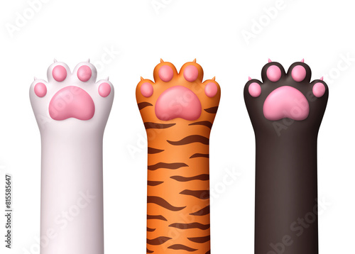 Cat paws of different colors isolated on pink background. Clipping path included