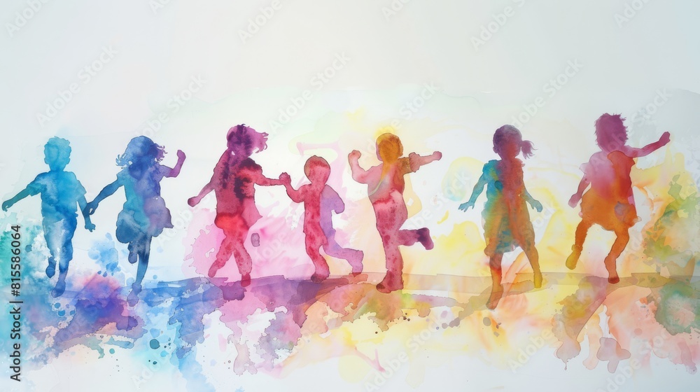 Naklejka premium Little kids playing and dancing, cute cartoon watercolor illustration