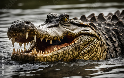 Aggressive crocodile emerging from water  eyes and teeth focused. Intense and thrilling wildlife action