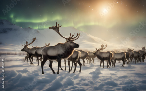 Caribou herd migrating across a snowy Arctic landscape  the northern lights illuminating the sky