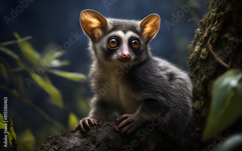Bright-eyed bushbaby in a night scene, moonlight casting eerie glows. Exotic and mysterious nocturnal wildlife