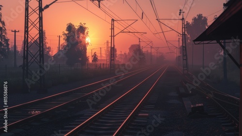 Portrait train railroad tracks in the morning with fog. generative AI image