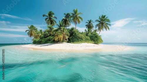 Exotic summer beach with palm trees  sea and sand. Secluded Serenity  Nestled between lush foliage and swaying palm trees  a hidden beach offers a quiet retreat from the outside world.