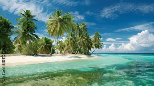 Exotic summer beach with palm trees  sea and sand. Secluded Serenity  Nestled between lush foliage and swaying palm trees  a hidden beach offers a quiet retreat from the outside world.