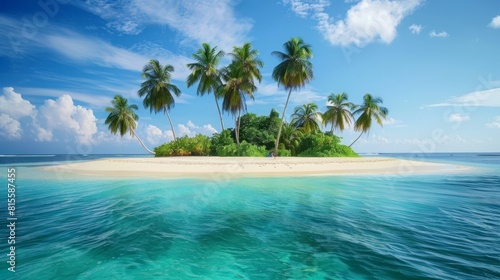 Exotic summer beach with palm trees  sea and sand. Secluded Serenity  Nestled between lush foliage and swaying palm trees  a hidden beach offers a quiet retreat from the outside world.