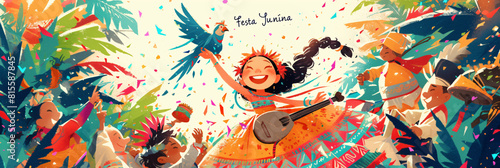 Festa Junina celebration featuring children and musicians in colorful traditional attire. Illustration style for event posters and greeting cards. Festive Brazilian culture theme with vibrant design