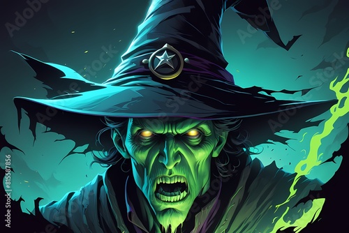 Closeup of halloween monster with witch hat illustration 