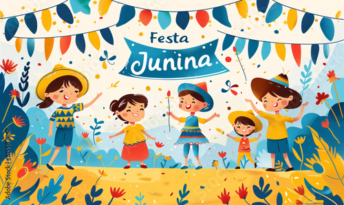 Festa Junina celebration featuring children and musicians in colorful traditional attire. Illustration style for event posters and greeting cards. Festive Brazilian culture theme with vibrant design