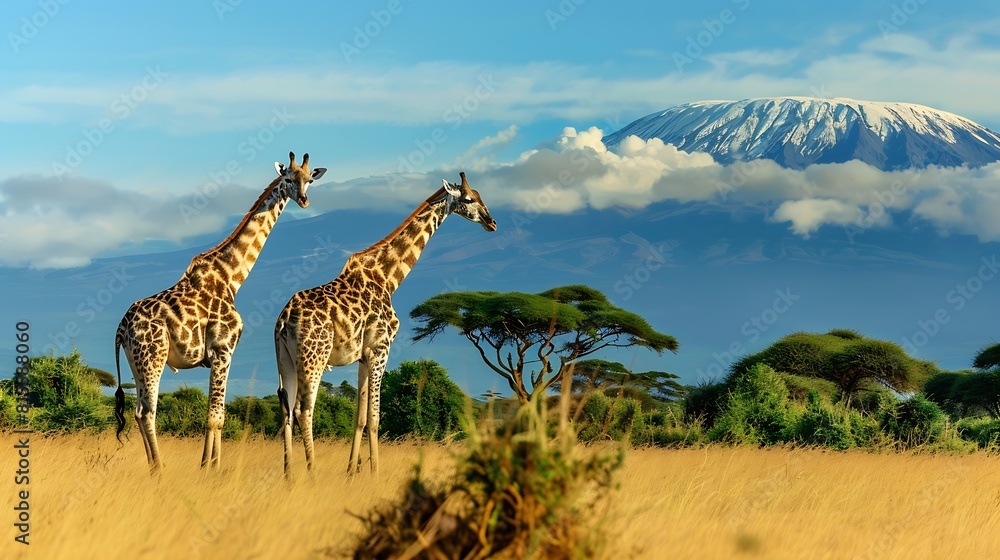 Fototapeta premium Three giraffe on Kilimanjaro mount background in National park of Kenya Africa : Generative AI