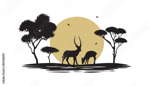 landscape with antelopes vector silhouette yellow sunset. African landscape with antelopes vector silhouette