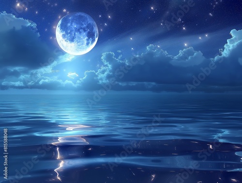 Tranquil night seascape with a full moon and stars reflected in calm waters.