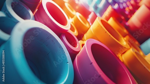 A jumble of colorful plastic recyclables - pipes, caps, and bottles - in shades of red, blue, and green photo