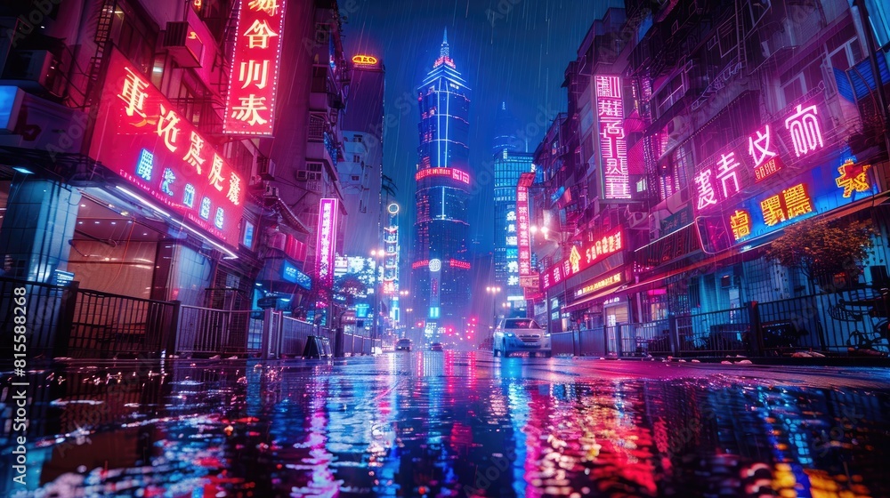A dark and rainy street in a cyberpunk city. The street is lit up by the neon lights of the buildings and the cars that are driving by.