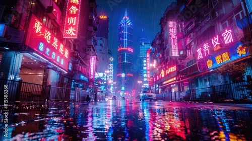 A dark and rainy street in a cyberpunk city. The street is lit up by the neon lights of the buildings and the cars that are driving by.