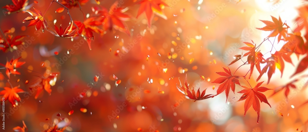 Close-up of bright red and orange maple leaves falling, with a dynamic autumn forest backdrop, perfect for seasonal marketing, Close-up of bright red and orange maple leaves falling, with a dynamic autumn forest backdrop, perfect for seasonal marketing,