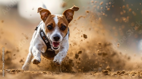 A dog is running in the sand.