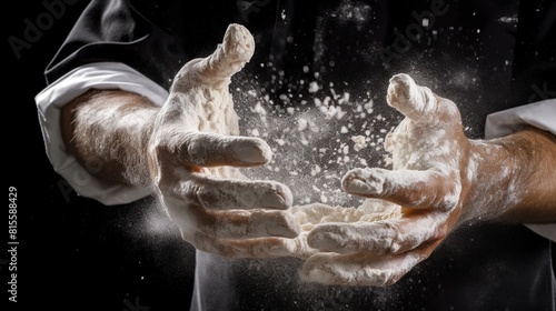 chef s hands covered in flour  in action  creating a cloud of flour