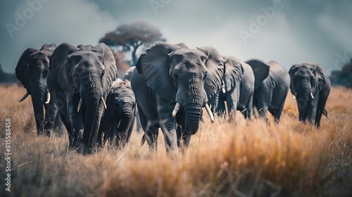 Herd of Elephants in Africa walking through the grass in Tarangire National Park Tanzania : Generative AI photo