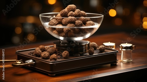 Dramatic illustration of a small truffle placed on a jeweler's scale photo