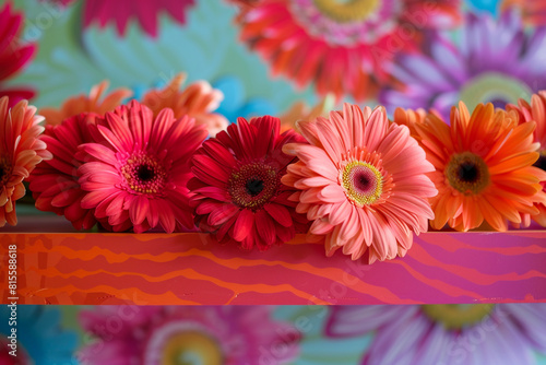 A gathering of vibrant gerbera daisies on a pop-art inspired bright shelf, adding fun and flair to a youthful space.