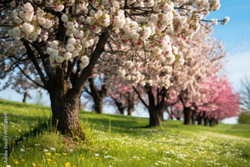 Blossoming cherry trees in spring on green grass meadow