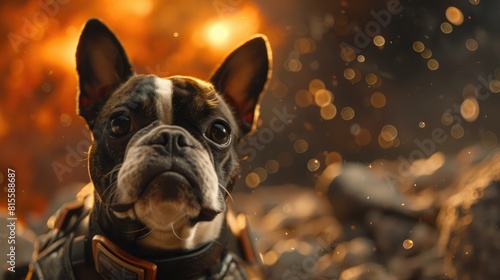 A french bulldog wearing a tactical vest stands in a post-apocalyptic wasteland.