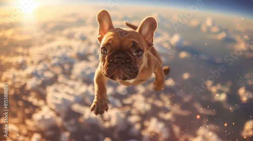 A French bulldog is flying through space.