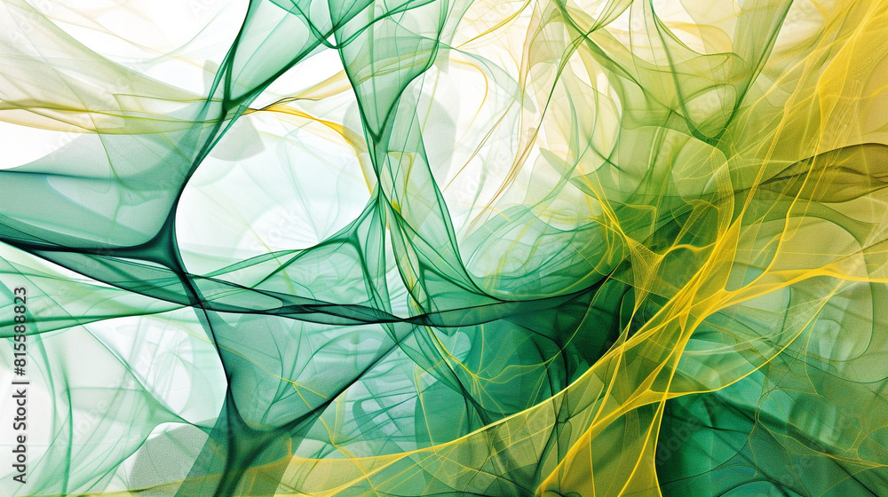 Intersecting lines and curves in shades of green and yellow, forming an intricate, abstract web on a white background.