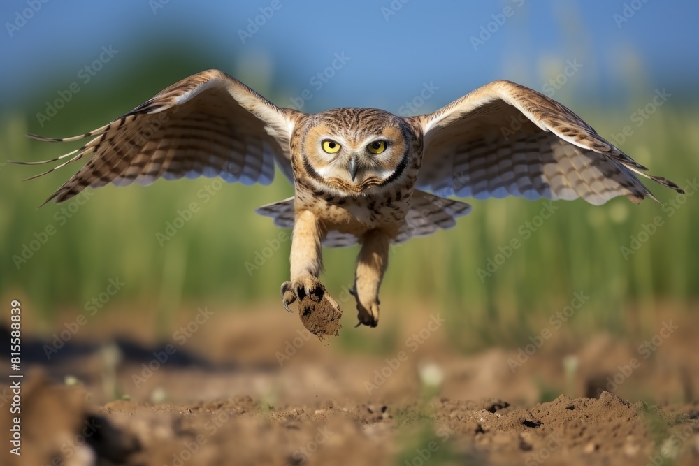 Obraz premium Burrowing owl flying over field during summer ready for hunting and looking toward camera