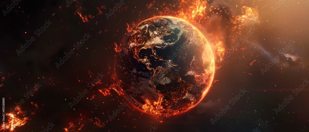 Earth partially covered in flames viewed from space, showcasing the concept of global warming top view Earth on fire futuristic tone vivid, Earth partially covered in flames viewed from space, showcasing the concept of global warming top view Earth on fire futuristic tone vivid,