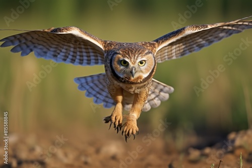 Burrowing owl flying ready for hunting