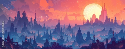 An alien cityscape of towering spires and labyrinthine streets  where strange beings and exotic cultures collide in a melting pot of diversity.   illustration.