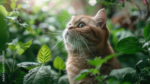 Wallpaper Mural A ginger cat is sitting in a lush green garden, looking up at something with wide eyes. Torontodigital.ca