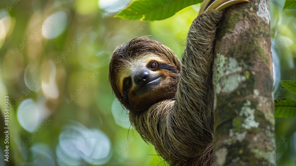 Fototapeta premium Cute sloth hanging on tree branch with funny face look perfect portrait of wild animal in the Rainforest of Costa Rica scratching the belly Bradypus variegatus brownthroated threetoed : Generative AI
