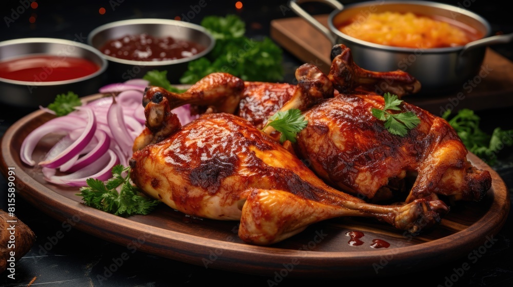 Delicious cooked chicken on tray with ketchup and onion tasty meal Delicious cooked chicken on tray with ketchup and onion tasty meal
