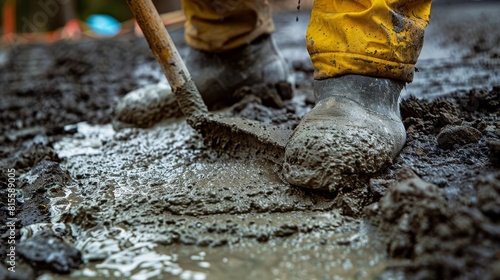 Close-up of concrete pouring work in construction work