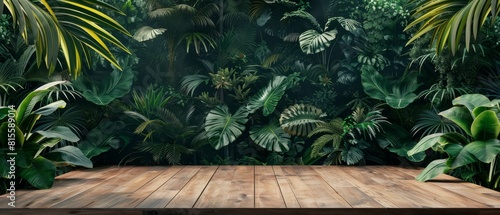 Elegant mockup of a wooden platform with a backdrop of dense tropical foliage  ideal for natural beauty product displays 