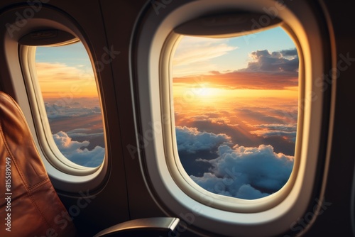 Air plane windows during sunset with clouds