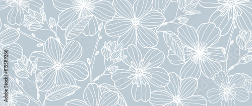 Light blue floral background with wildflowers  branches  buds and leaves.