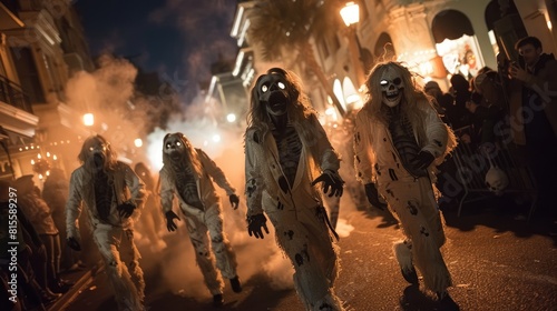 A group of people in hazmat suits walk through a burning city.