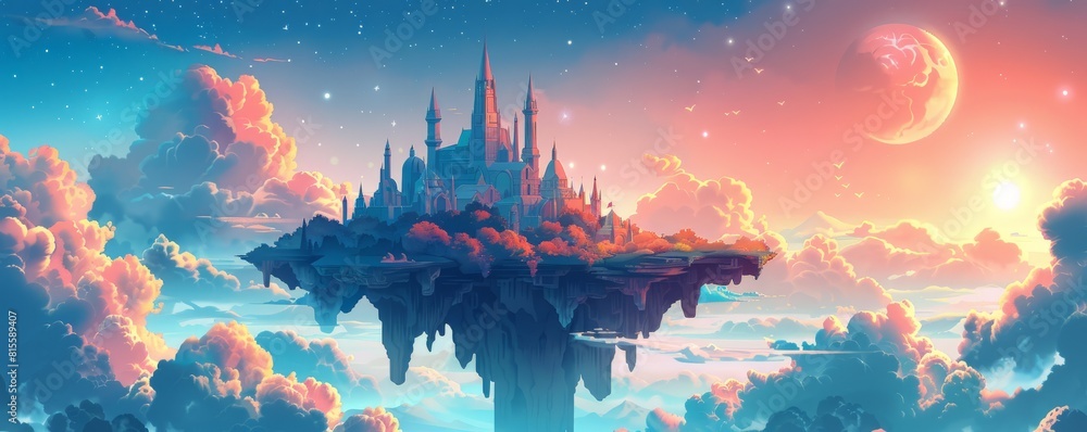 Fototapeta A fantastical sky kingdom perched atop a floating island, its majestic spires and grand halls reaching towards the heavens amidst the swirling clouds.   illustration.