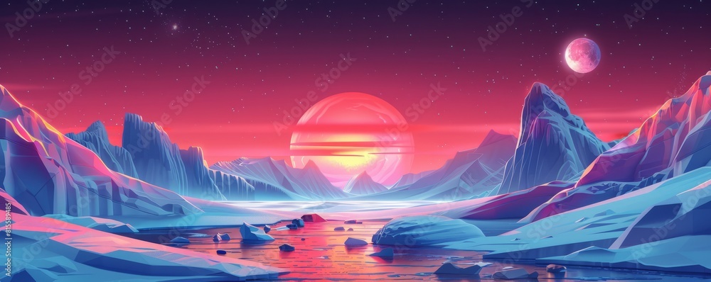 A fantastical realm of ice and snow, where towering glaciers and frozen tundras form a majestic landscape beneath the glow of the northern lights. illustration. A fantastical realm of ice and snow, where towering glaciers and frozen tundras form a majestic landscape beneath the glow of the northern lights. illustration.