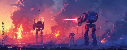 A cybernetic battlefield, where robotic soldiers clash in a futuristic warzone, their weapons blazing and explosions lighting up the night sky.   illustration. photo