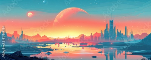A retro-futuristic utopia where advanced technology and sleek design merge seamlessly with natural landscapes  creating an idyllic vision of the future.   illustration.
