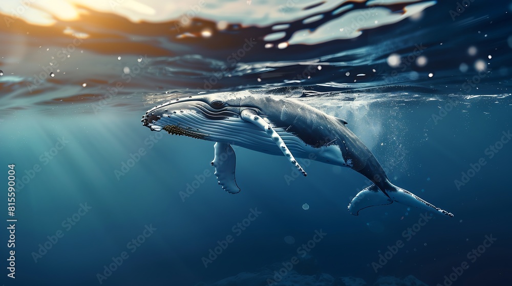 Fototapeta premium A Baby Humpback Whale Plays Near the Surface in Blue Water : Generative AI