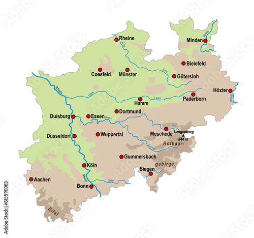 Simple overview map of North Rhine-Westphalia, Germany