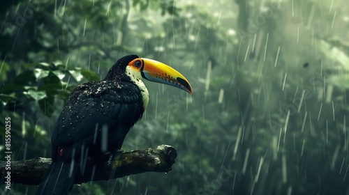 Bird with open bill Chesnutmandibled Toucan sitting on the branch in tropical rain with green jungle in background Wildlife scene from nature : Generative AI photo